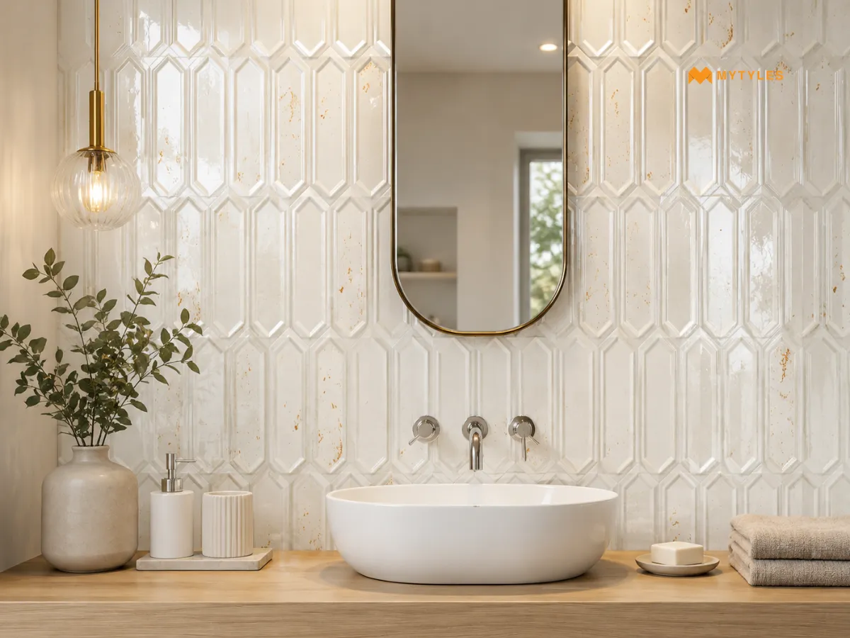 Glossy White Picket Tile Vanity Wall